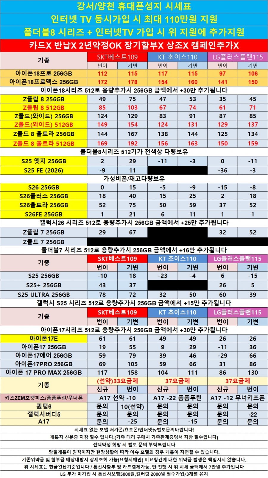 서울 강서/양천 목동 휴대폰 성지 시세표/ 아이폰17다량보유.S26,폴드8.아이폰18pro 특가행사 (카드,반납,신분증맡김,워치X주차가능)
