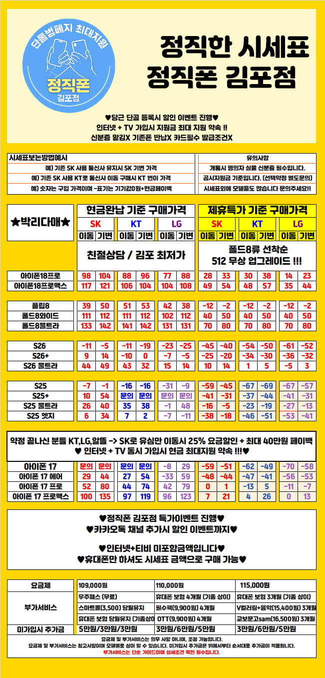 김포 최저가<정직폰 김포점> [현금완납/제휴할인] 09월23일 힘든시기 아이폰18 플립8 폴드8 즉시개통 재고여유!! 시세표 비교환영 !! 사고없는 본사직영점 !! 김포, 부천 , 일산, 구로 , 검단 , 강서, 인천