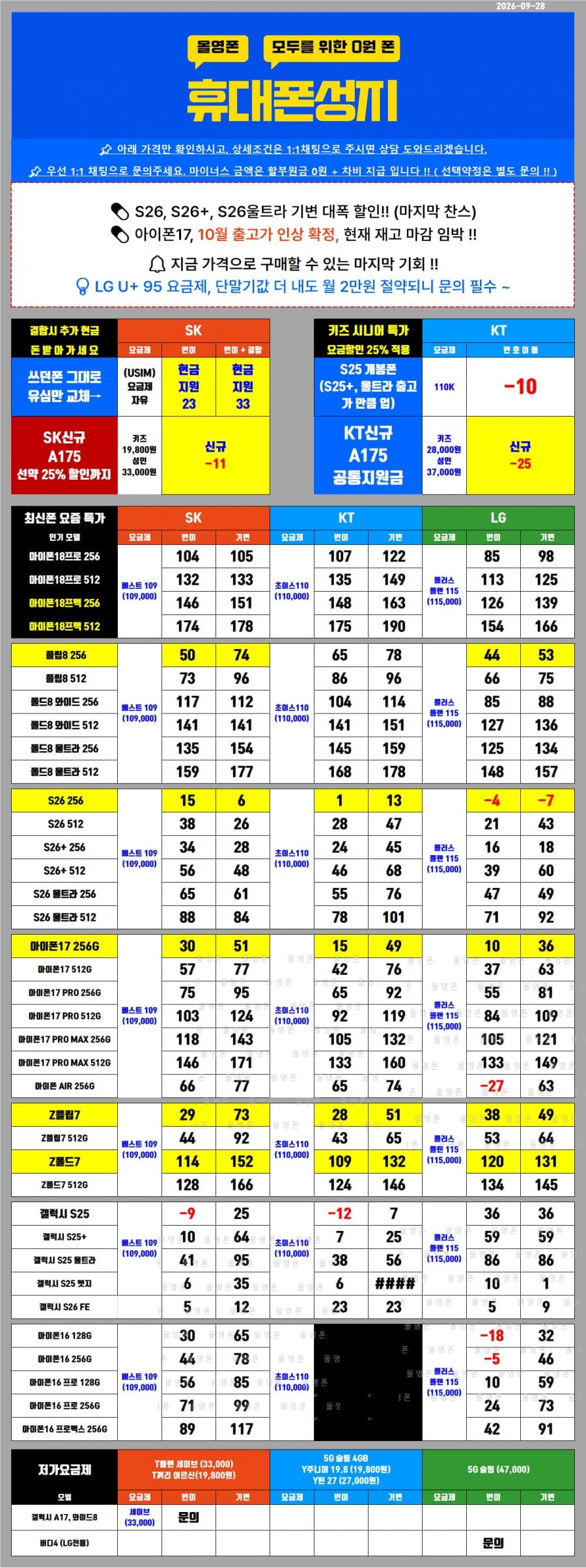 [현금완납] 대구 고성동 오페라더블유 맞은편 9/28 박리다매 시세표~! 3사 비교견적 전문 <인터넷 TV 유심 현금당일지급>