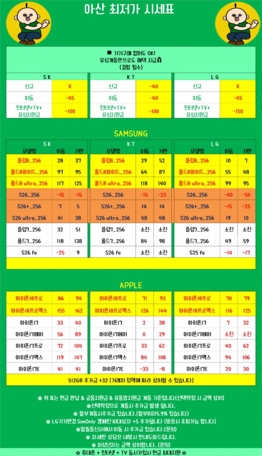 충남 아산시 휴대폰성지 시세표