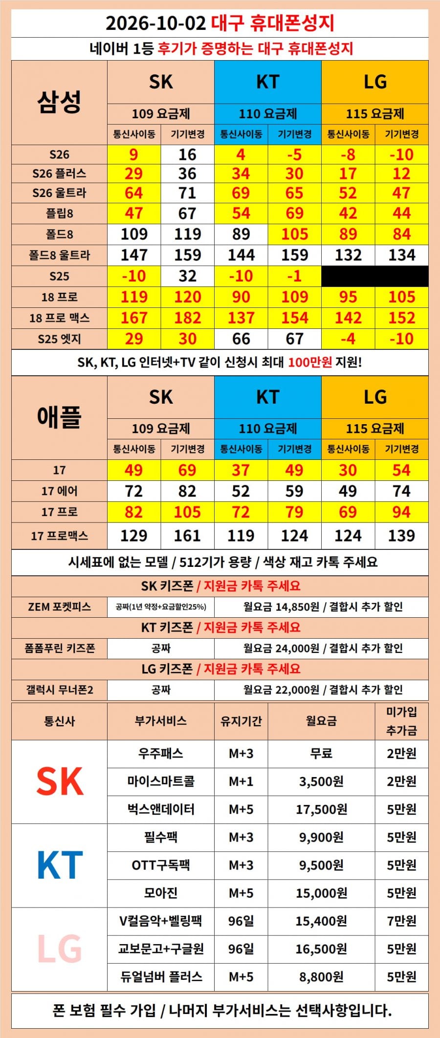 대구 휴대폰 진짜 최저가 | 시세표 부가서비스 강요 NO